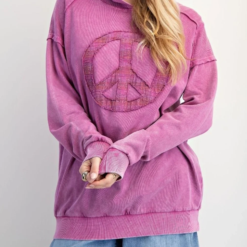 NEW EASEL CLOTHING WASHED TERRY KNIT PULLOVER PEACE HOODIE Purple SWEATSHIRT - Picture 4 of 10